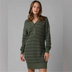 Prana Milani Henley Ping Sleeve Sweater Dress in Green Kale Stripe Size S